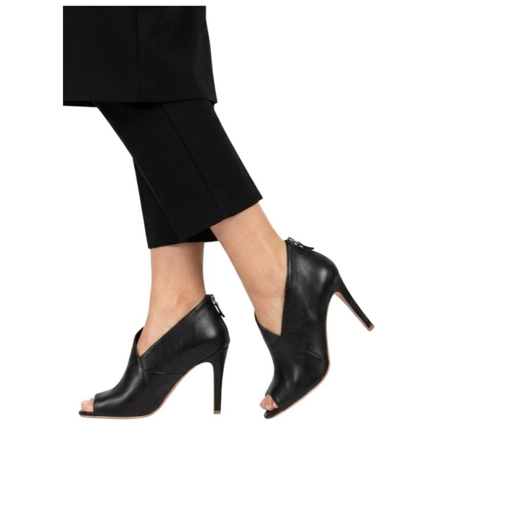Halogen Black Leather Riley Open Toe Booties with Back Zipper